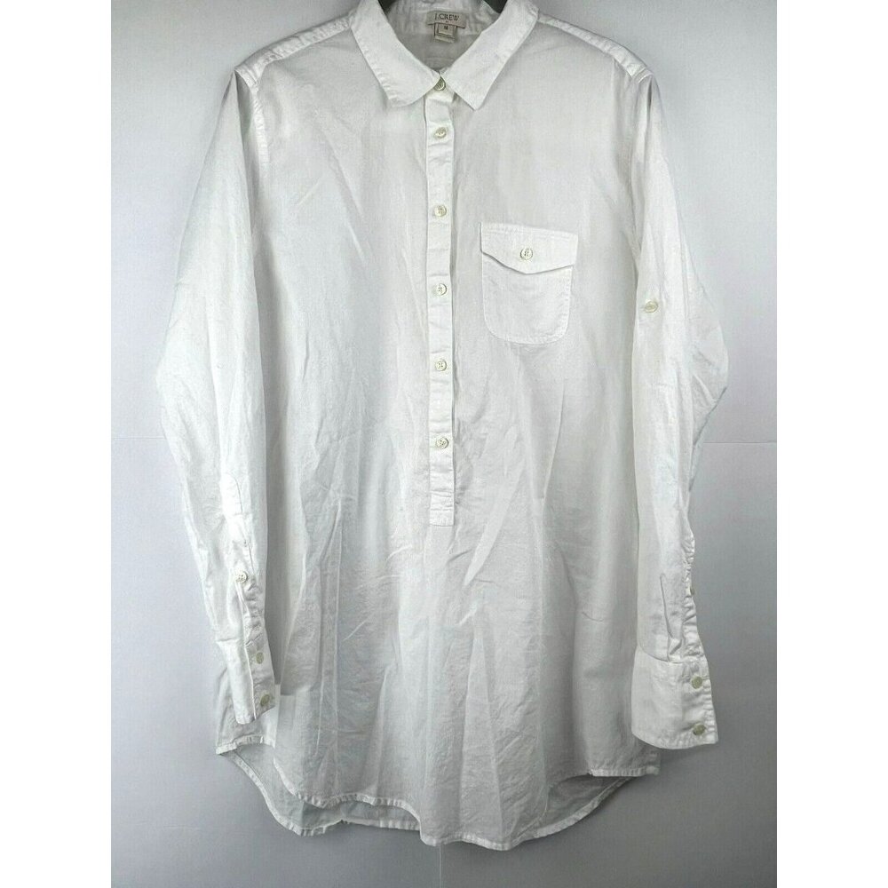 J‎ Crew Women's Blouse Size Medium White Pullover 100% Cotton Roll Tab Sleeves